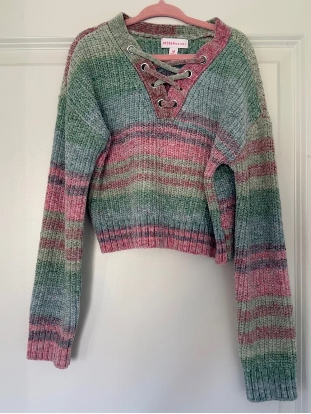 Design History Striped Lace-Up V-Neck Sweater in Pink and Green Ombre
